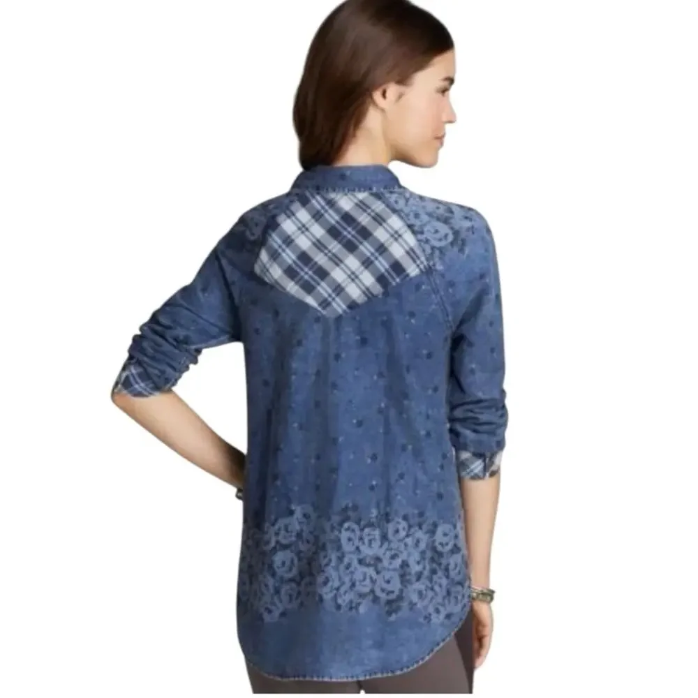 Free people Dottie Over You Floral Chambray Denim Plaid Button Front Top Shirt S